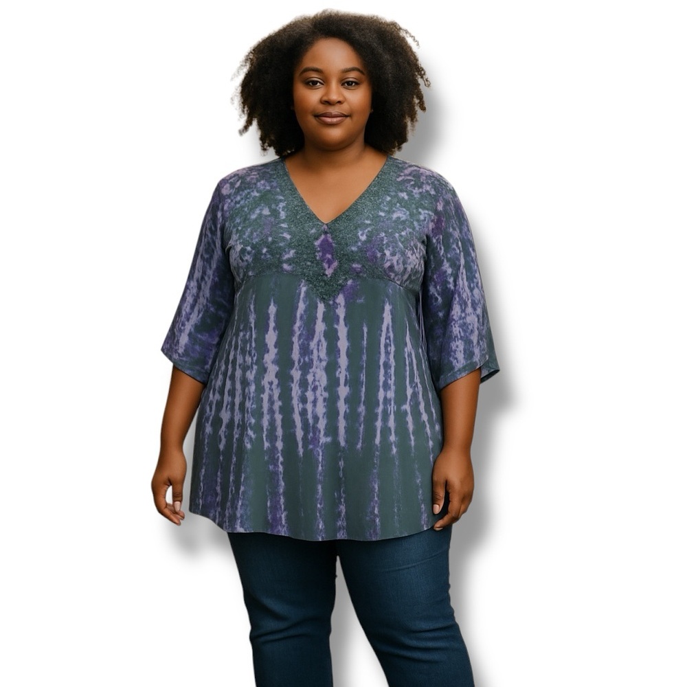 Studio West Women’s V-Neck Top Lace Detail Tie Dye Boho Chic Grey/Plum PL